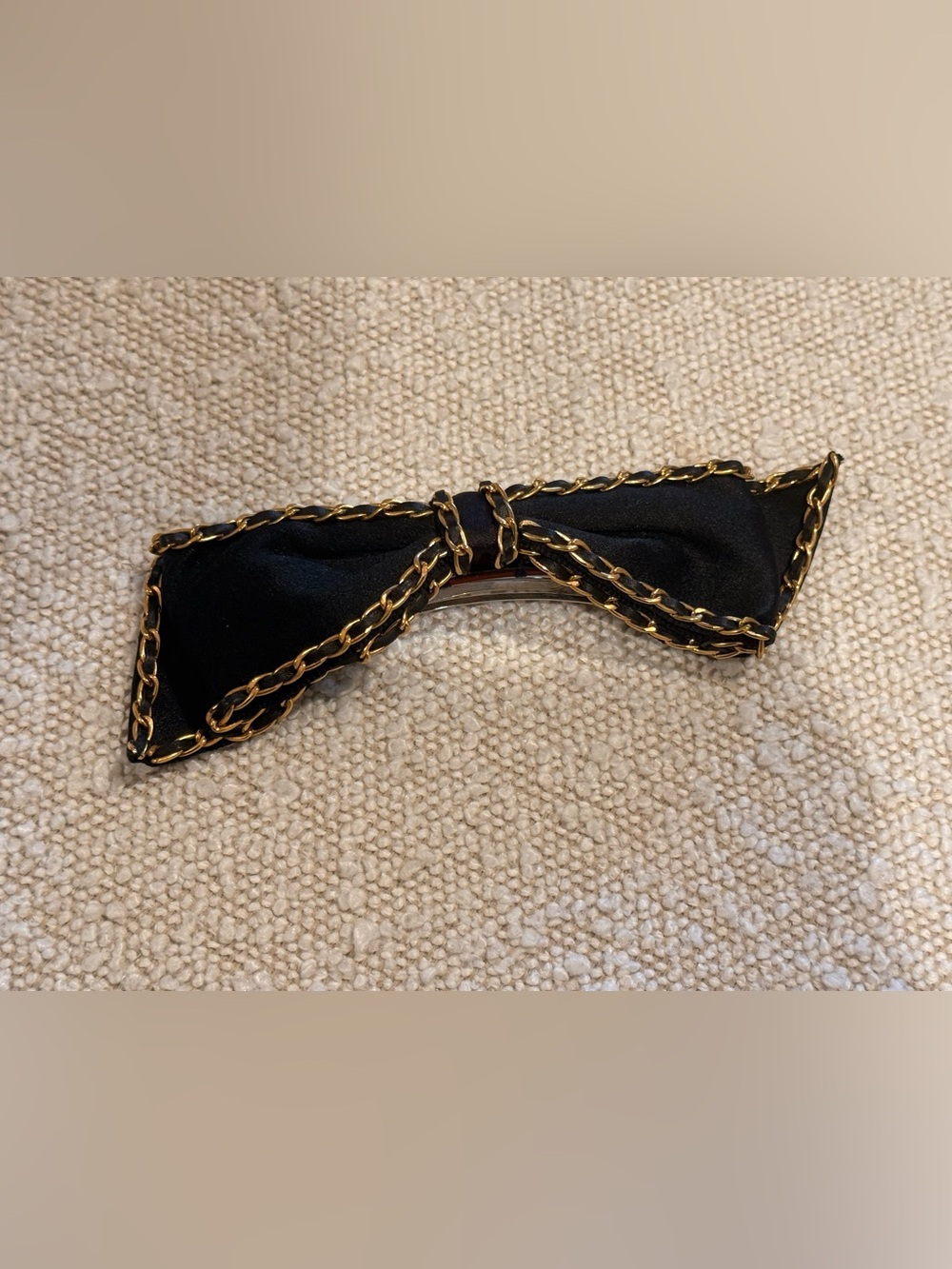 CHANEL Black Satin Bow Hair Clip with Gold Chain Trim